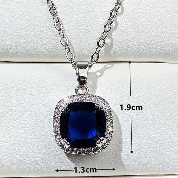 💙 Cushion Cut Blue Sapphire Cz Diamond Halo Necklace - Picture 6 of 14